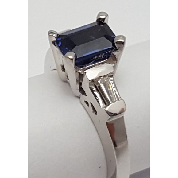 Unique 14K Solid White Gold Designer Sapphire & Baguette Diamond Ring - Size 5.5 - Picture 8 of 16